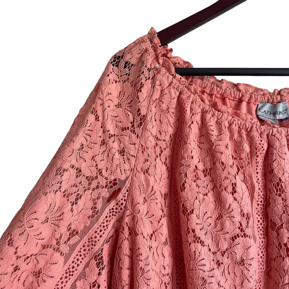 Catherines Women Top 2X Peach Floral Lace Overlay Eyelet Inlet Flowy Feminine - Picture 9 of 13